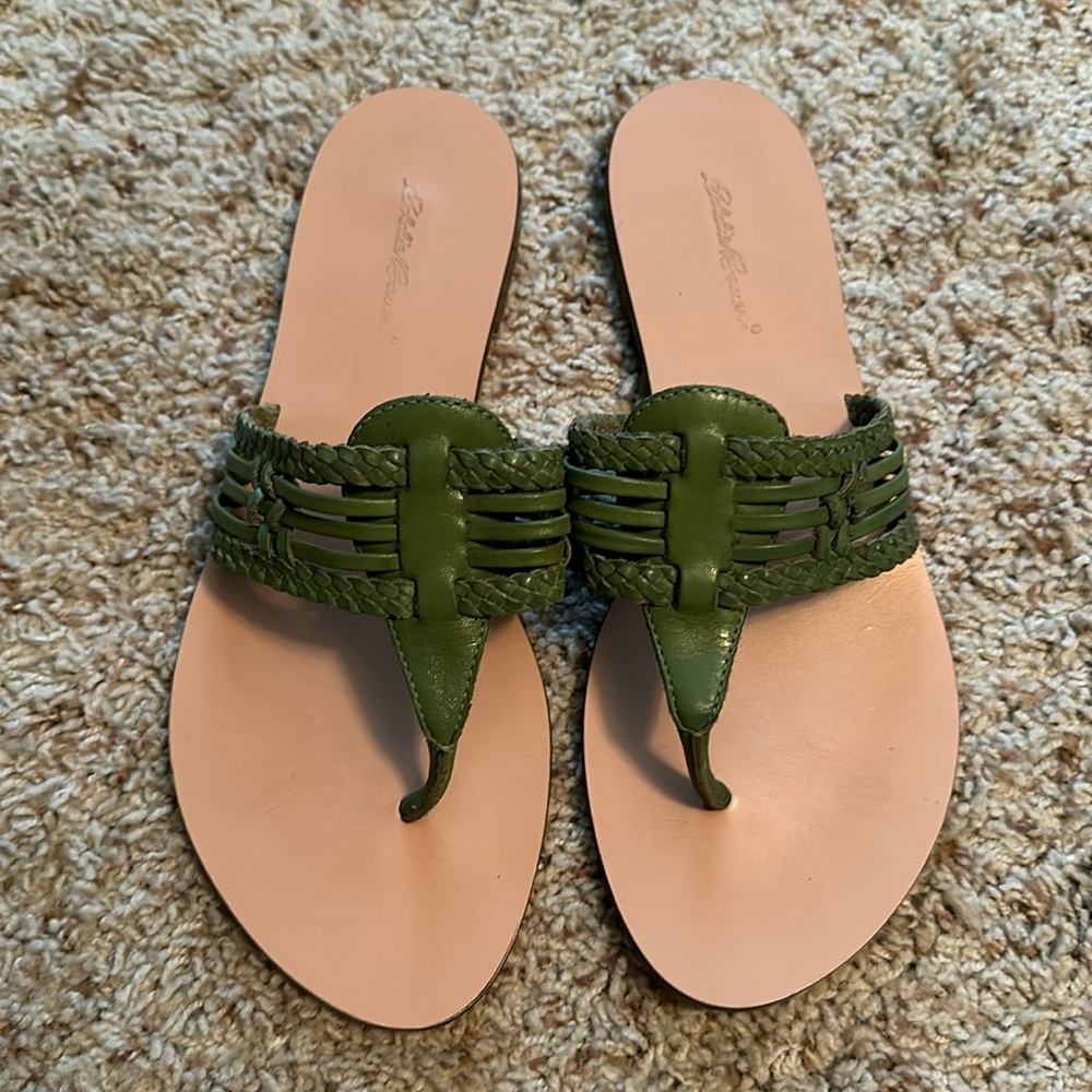 Green leather flip-flops